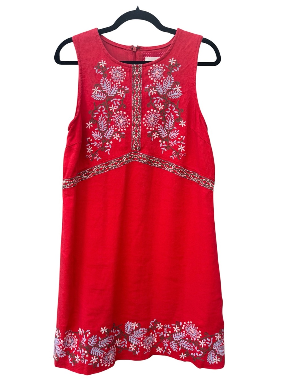 Anthropologie Embroidered Linen Blend Shift Dress - Red Floral Boho Women's US 8